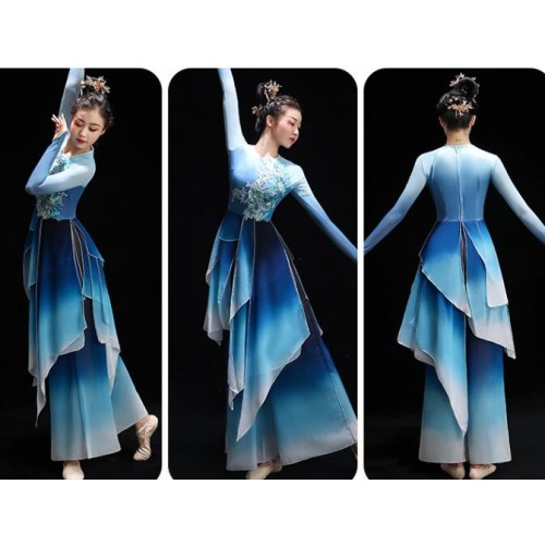 Young girls Blue gradient chinese folk Classical dance costumes solo dance Yangge fan umbrella dance dresses National umbrella dance suit for women